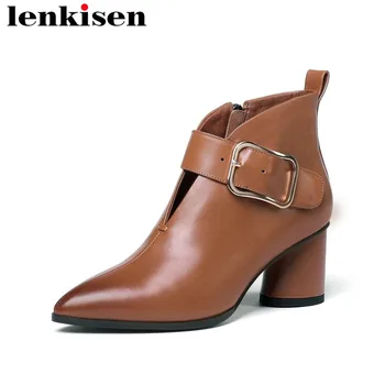 

Lenkisen plus size cow leather pointed toe round high heels solid zip oxford british style metal buckle women ankle boots L5f6