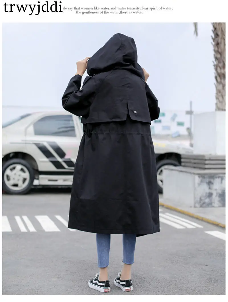 Длинное женское пальто размера плюс, весна-осень, ветровка Harajuku, новинка, повседневный Тренч с капюшоном, модное женское пальто N109