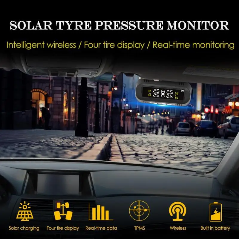 Tire Pressure Monitoring System USB+Solar Car TPMS Tire Pressure Monitor Pressure Gauge with 4 External Tire Pressure Sensors