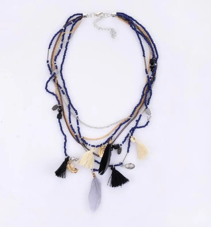 Богемное модное многоцветное ожерелье с кулоном из перьев, чокер с бусинами, кисточками, Макси Длинная Этническая цепочка, Массивное колье, ювелирное изделие - Окраска металла: Royal Blue