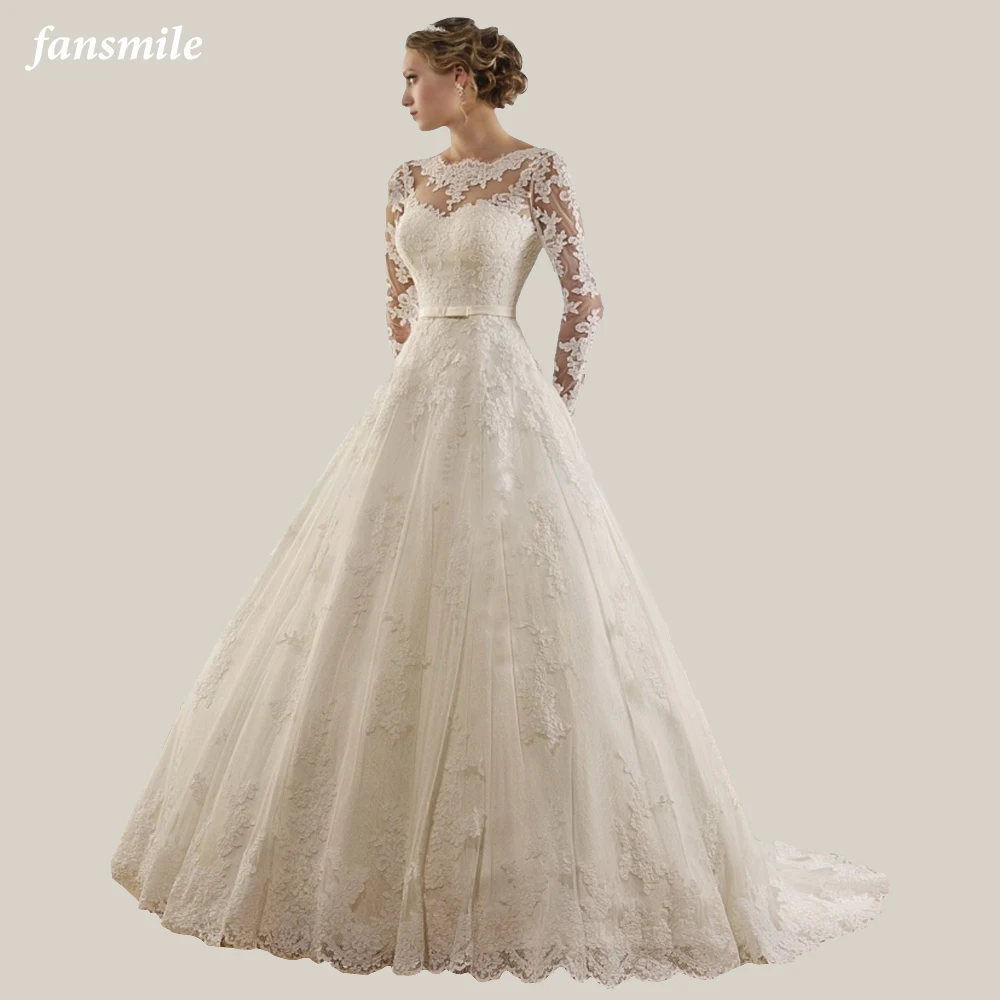 Fansmile с длинным рукавом Vestido De Noiva кружево платья свадебное платье 2019 поезд на заказ плюс размеры Свадебные тюль Mariage FSM-603T