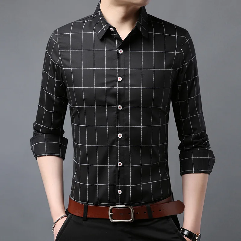 

Comfortable and elegant high-end famous brand four seasons lapel long-sleeved men's shirt plaid fashion urban casual shirt men