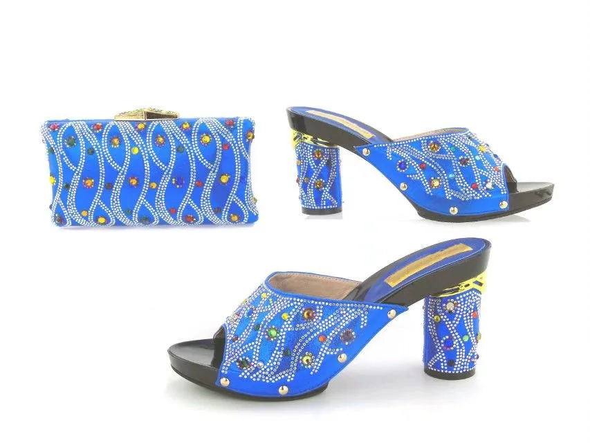 

High quality blue women round heel shoes match handbag set with rhinestone decoration african pumps and bag for dress TYS17-91
