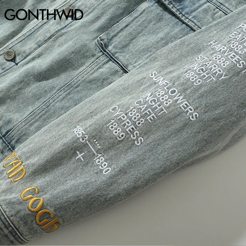 GONTHWID Van Gogh Painting Patchwork Embroidery Denim Jackets Hip Hop Casual Loose Jean Jackets Streetwear Fashion Outwear Coats