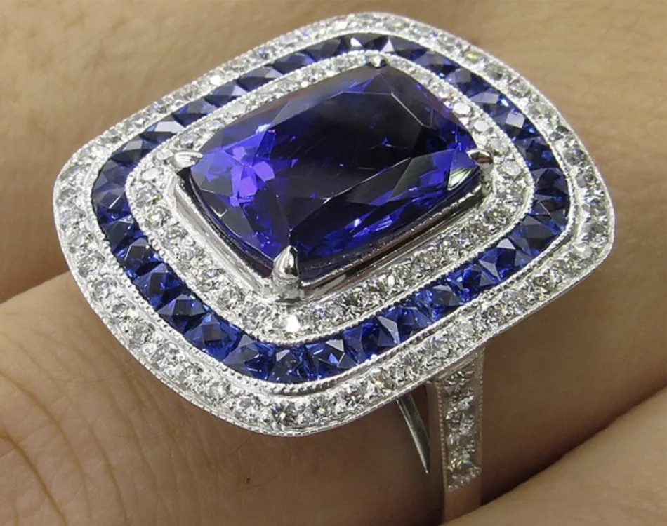 Роскошное женское большое голубое обручальное кольцо, модное 925 Серебряное кольцо с кристаллами и цирконием, винтажное обручальное кольцо на палец для женщин