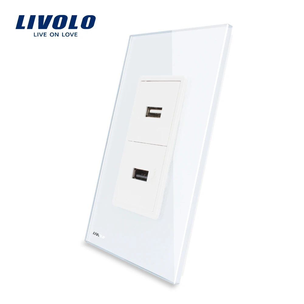 

Livolo US Standard USB Socket(2.1A,5V), White Crystal Glass, Wall Powerpoints With Plug, 2Gang USB, VL-C592U-11