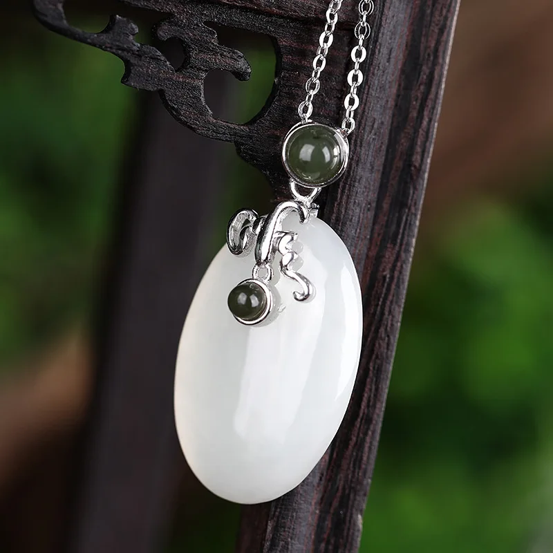 

s925 silver restoring ancient ways natural hetian white stone pendant joker female temperament of high-end jewelry