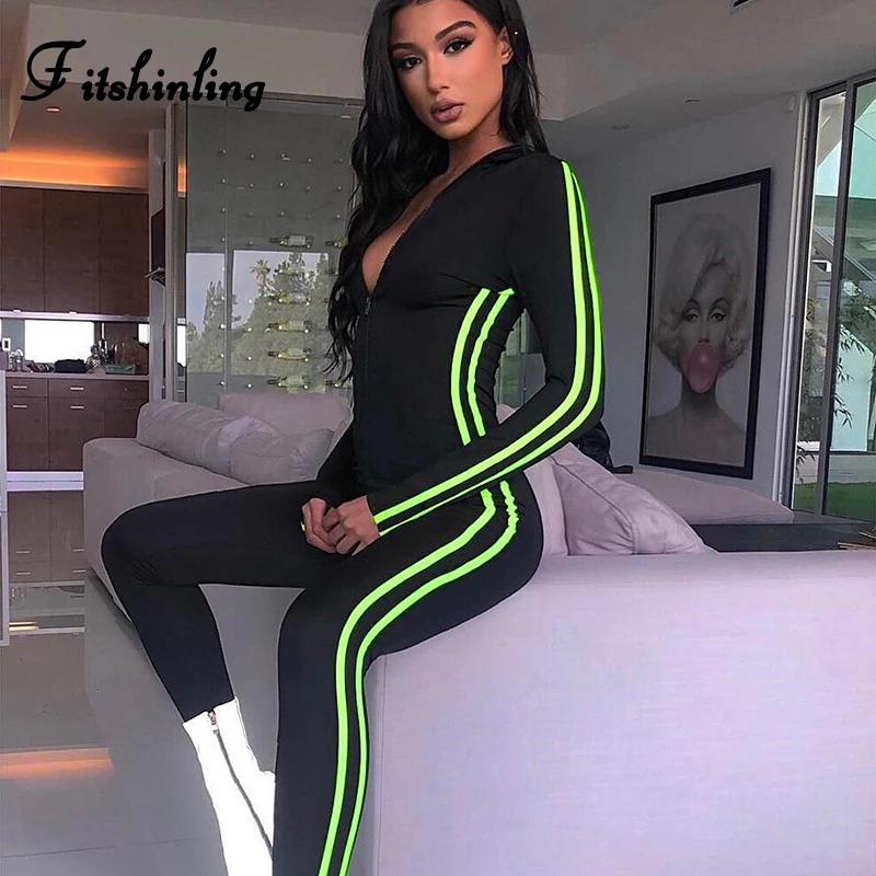 

Fitshinling Athleisure 2019 Autumn Long Jumpsuit Bandage Fitness Black Playsuit Rompers Side Stripe Body Jumpsuits Women Clothes