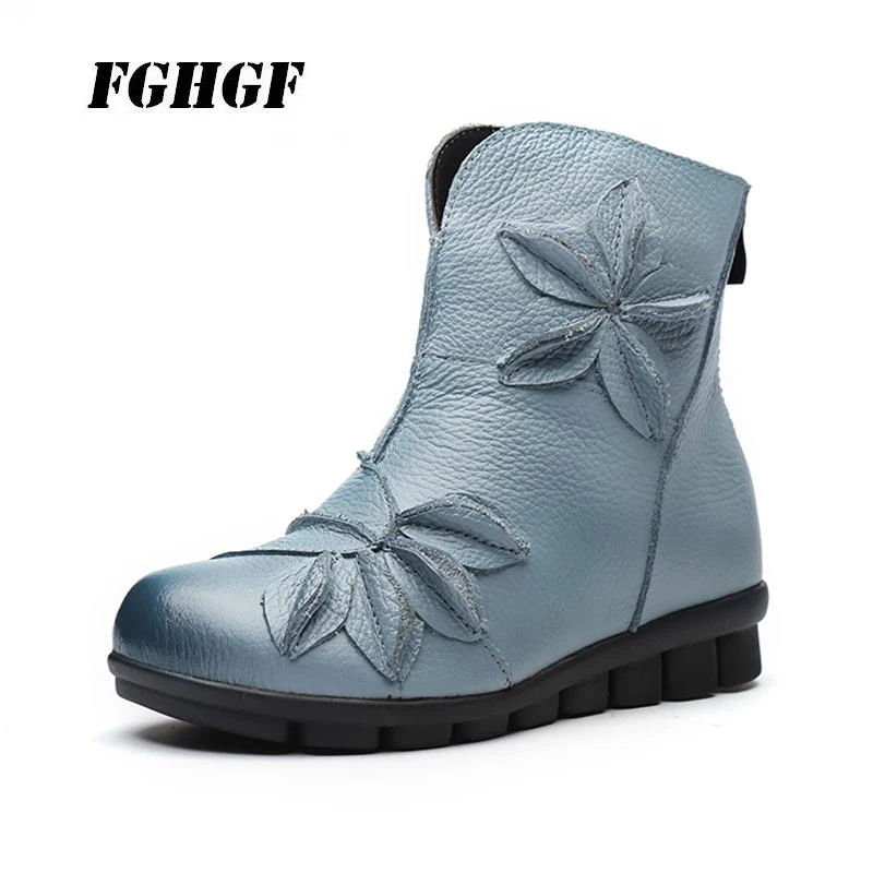 

Winter 2018 new folk style cotton booties retro comfortable floral ankle boots flat hand-made leather boots 35 to 41 yards