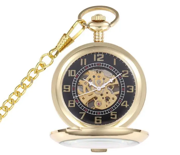 Новинка 2017 года Classis свинец Золотой Стиль Для Мужчин's увеличительное Стекло Механические карманные часы с цепочкой подарки для Для женщин