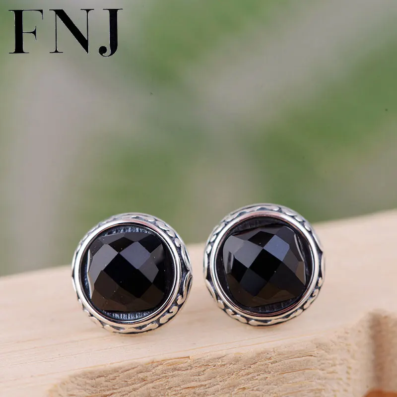 

FNJ 925 Silver Round Earrings for Women Jewelry Black Stone boucle d'oreille Original S925 Sterling Silver Stud Earring