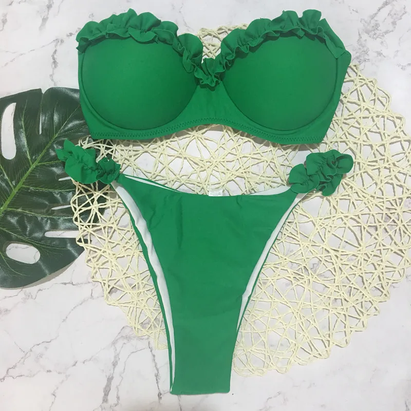 HTB1kTmmbjDuK1Rjy1zjq6zraFXaK Padded Push Up Bikini Set Underwire Flower Ruffles Swimsuit For Women Sexy Solid Bandeau Female Bathing Suit 2018 Summer Biquini