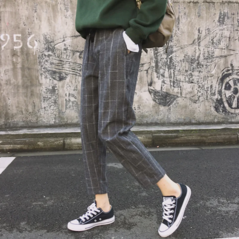 

Plaid High Waist VIntage Long Toursers for Women Pockets Streetwear Female Harem Pants Autumn Woman's Suit Panlaton 2018