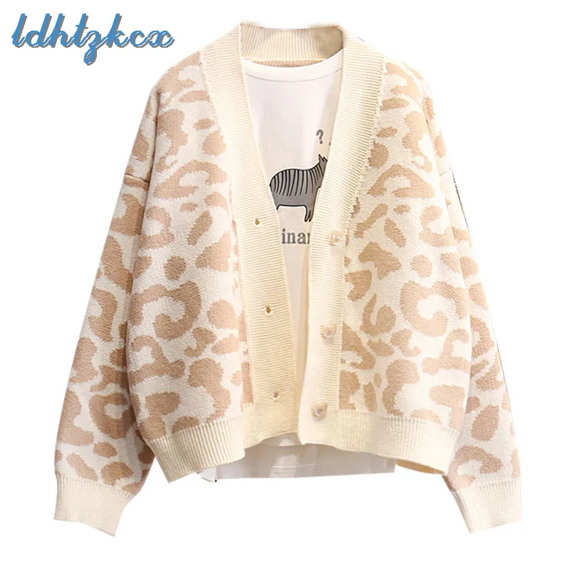 

Sweater Women 2018 Winter Sweater New Korean Office Lady Short Cardigans Loose Leopard Lazy Wind V Neck Knitted Sweaters LD60