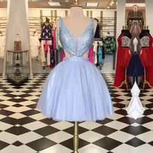 Echt Fotos Kurz Lavendel Heimkehr Kleider Tiefem V-ausschnitt Pailletten Tüll Homecoming Kleid Cocktailkleider Günstige Kleid HC47