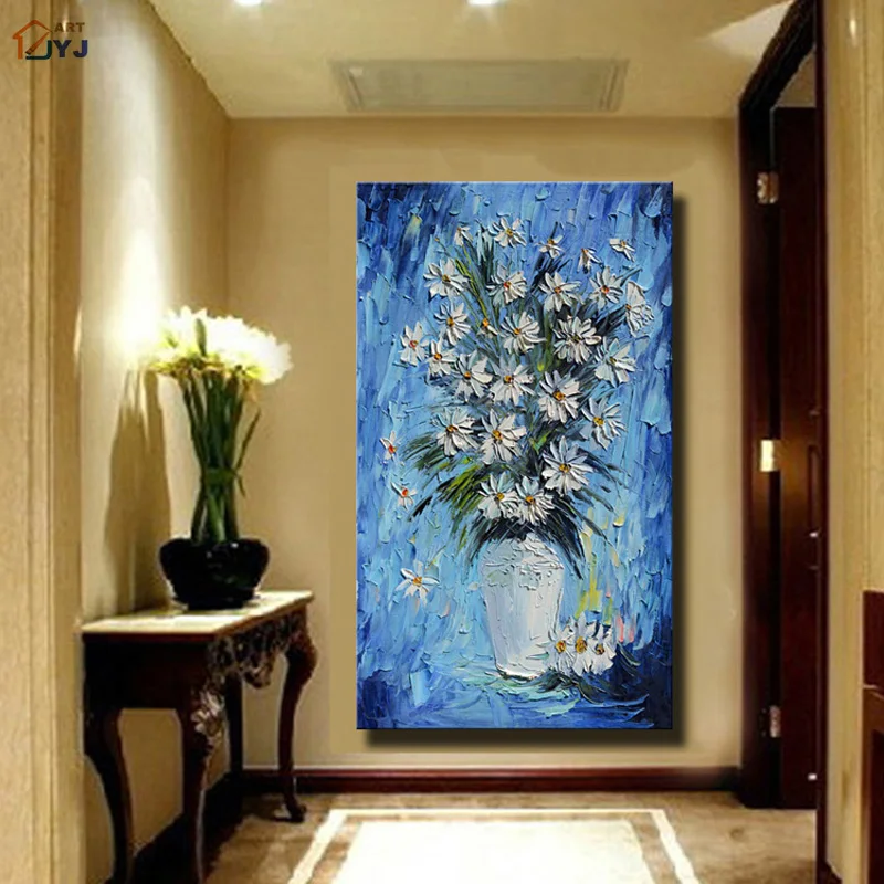 

Blue Vase Flower Canvas Wall Art Thick Texture Palette Knife Painted Modern Abstract Oil Painting for Home Decoration No Frame