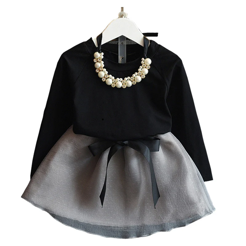 Новое поступление детский комплект-платье для девочки одежда весна-осень для девочек комплект: черный топ с длинными рукавами+ серая мини-юбка хороший подарок для детей 3–7 лет