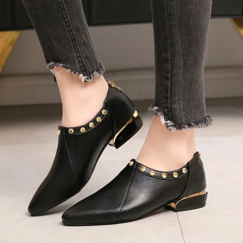 

fashion women Ankle Boots 2019 Fashion Pointed Toe PU Leather Rubber Bottoms Footwear Female Rivet Low Heel Shoes Zapatos Mujer
