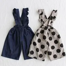 Одежда для маленьких девочек Джинсовые комбинезоны рюшами ремень комбинезон в горошек Детские комбинезоны