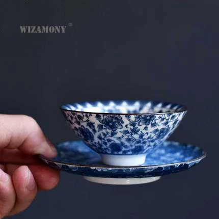 

1PCS!!WIZAMONY Bue and White Chinese Porcelain Tea Bowl Teacup Tea Set Ceramic Atique Glaze Kung Fu Tea Master Cup