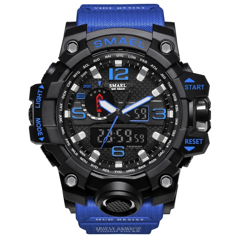 SMAEL Брендовые мужские спортивные часы, двойной дисплей, аналоговый цифровой светодиодный, электронные кварцевые наручные часы, водонепроницаемые, для плавания, военные часы - Цвет: 1545 Blue