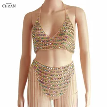 Chran AB Fringe Skirt Bra Set EDM Party Chain Shoulder Necklace Rave Bralete Festival Dress Costume Wear Ibiza Jewelry CRS432 chran gem bead crop top chainmail rave bra black chain shoulder necklace ibiza sonar wear edm outfit body jewelry chain crn2801