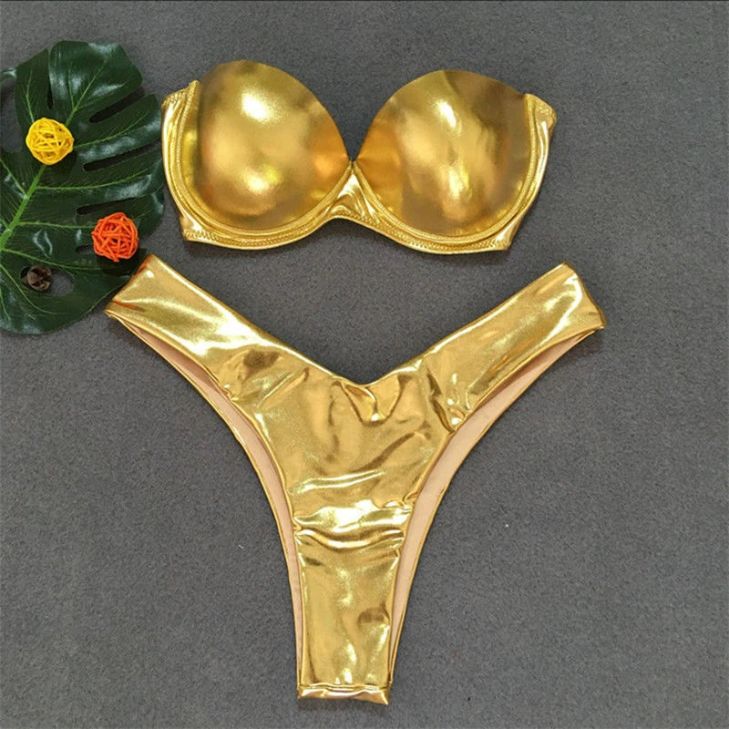 Женский комплект бикини на косточках, бандо, сексуальный купальник, пляжная одежда, купальный костюм, женский бикини, Леопардовый принт - Цвет: Золотой