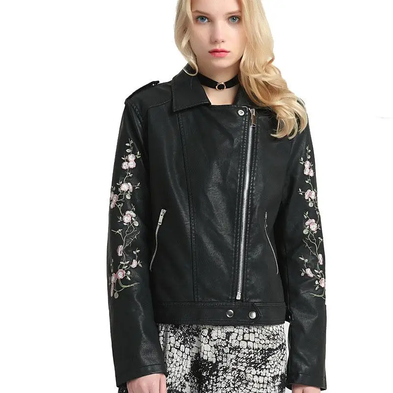 Lusumily, новинка, женская панк куртка из искусственной кожи, черная уличная куртка с длинным рукавом и вышитыми цветами, мотоциклетная куртка на молнии из мягкой кожи - Цвет: Black