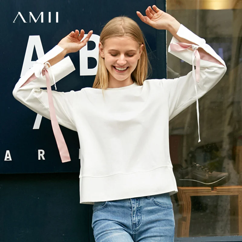 

Amii Minimalist Harajuku Sweatshirt Hooded Women Spring 2019 Causal Solid Long Sleeve Lace Up Ribbon O Neck Female Tops