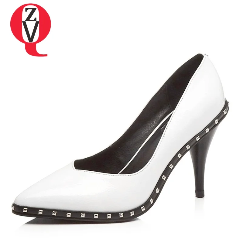 

ZVQ fashion pumps woman shoes genuine leather high heels rivet office ladies good quality pointed toe plus size pumps women