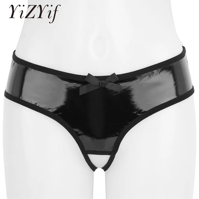 

YiZYiF Women open crotch Panties briefs Jockstrap Sexy Lingerie Wetlook Faux Leather Crotchless Low Rise Bikini Briefs Underwear
