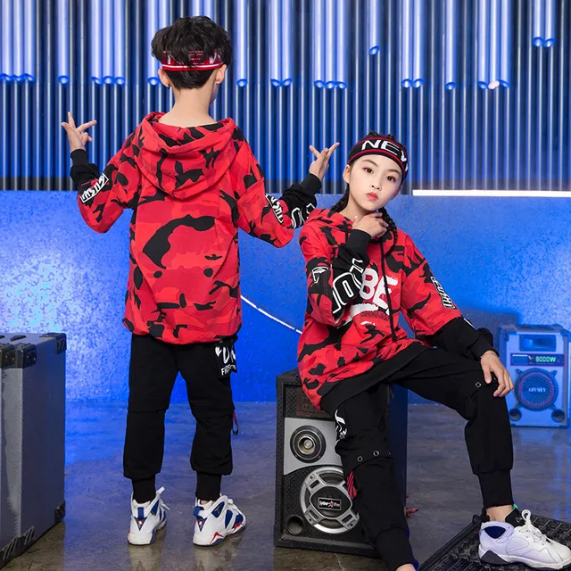Camouflage Printed Hoodie Pants Set Children's Hip-hop Street Dance Suit Clothing Jazz Hip Hop Costumes for Kids Boys and Girls 2