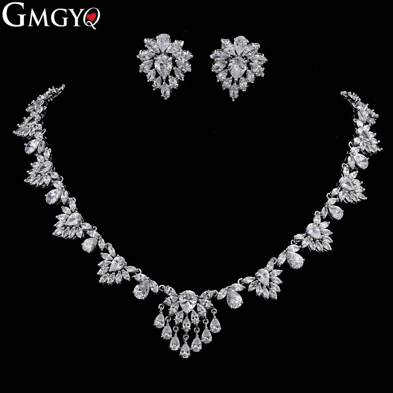 

GMGYQ Elegant Brides Wedding Jewelry Sets for Women Zirconia Leaf Silver Color Earrings Chain Sets Diner Dress Accessories