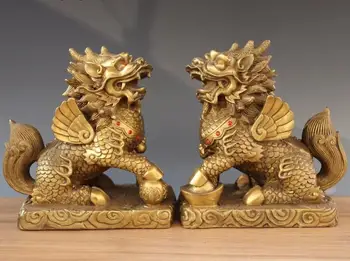 

Chinese Brass Copper Play Ball YuanBao Fly Kylin Kilin Qilin Unicorn Statue Pair