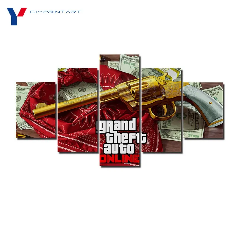 

GTA Online Gold Revolver 5 Panels Modern Art Paintings Game Poster for Living Room Home Decoration A0053