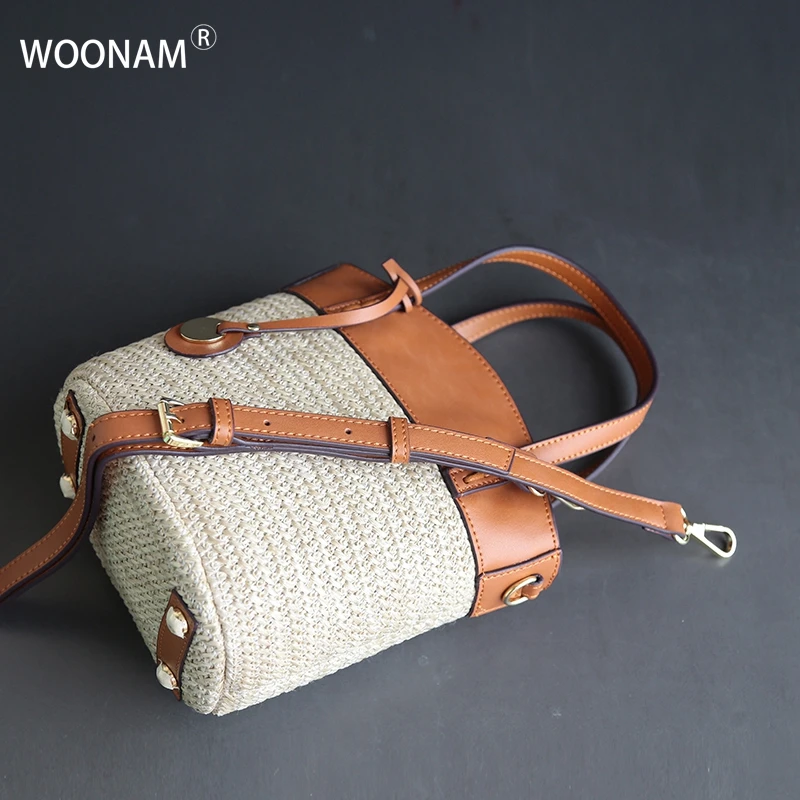 

WOONAM Women Fashion Handbag Genuine Calf Leather Hand Woven Rattan Beach Bucket Tote Bag WB834