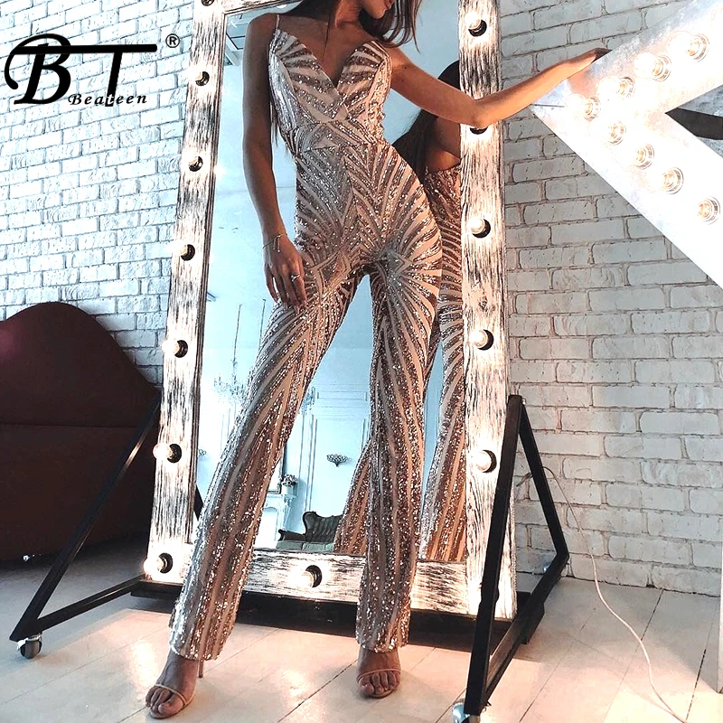 

Beateen New Sequin Bandage Jumpsuits Skinny Full Length Deep V Mesh Patchwork Sexy Club Party For Women Fashion