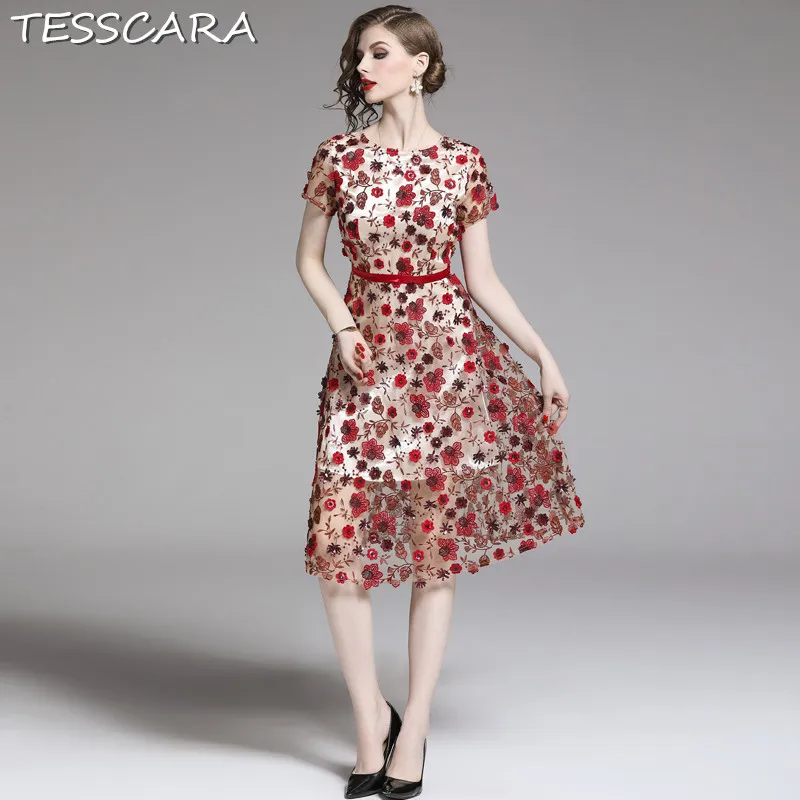 

TESSCARA Women Summer Luxury Sequin Mesh Dress Female Elegant Floral Wedding Party Robe Femme Designer High Quality Vestidos