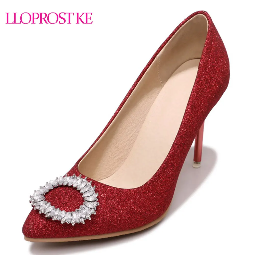

Lloprost ke High heels Bride shoes woman 9cm heel pointed toe Pumps rhinestone single crystal wedding party shoes Size 48 MY920