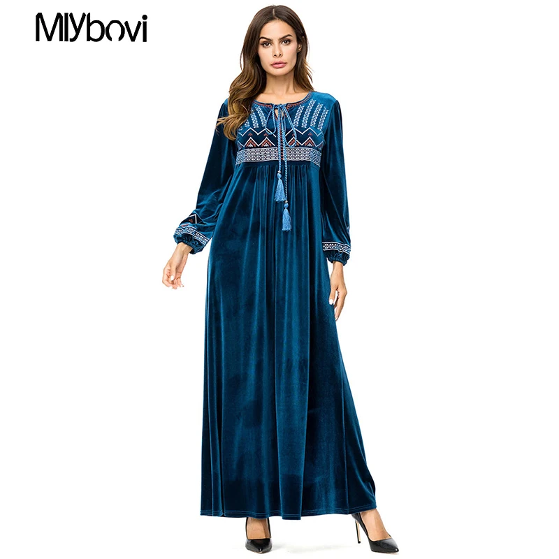 

Vestido Women Kaftan Abaya Dubai Arabic Velvet Embroidery Muslim Dress Women Robe Muslim Long Sleeve Maxi Islamic Clothing Elega