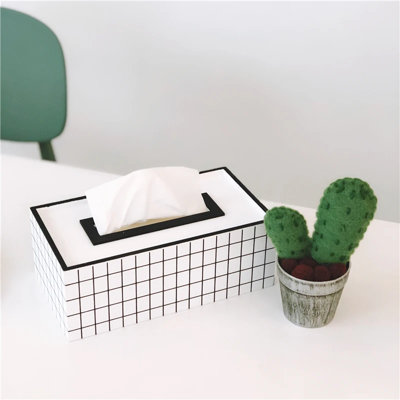 

Home storage supplies, Nordic home minimalist white plaid wooden tissue box, grid paper box, black and white classic napkin tray