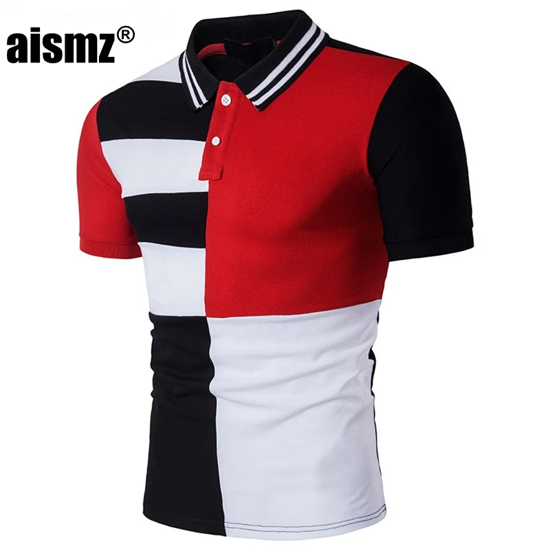 Aismz Polo Shirt Men Contrast Color Slim Fit Polo Para Hombre Patchwork ...