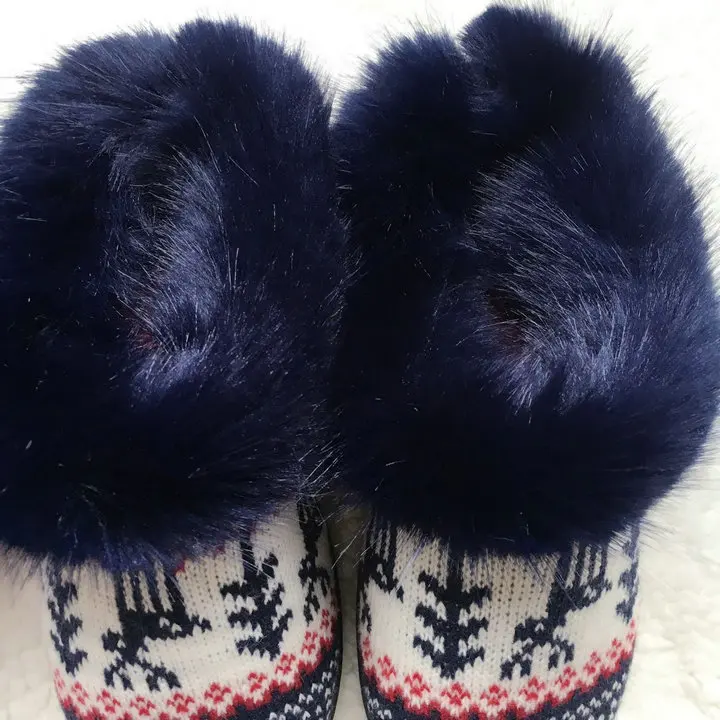 Women's Soft Yarn Cable Knitted Faux Fur Collar Slip On Slippers Memory Foam Anti-Skid Sole House Slipper Shoes (14)