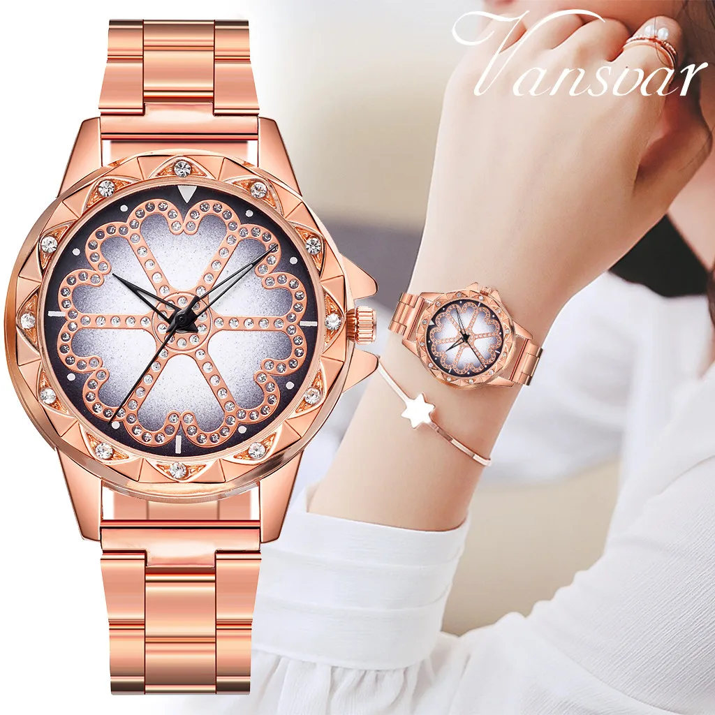 

Vansvar Top Brand Luxury Women quartz wrist watches Flower Design Stainless Steel Band Women Rhinestone crystal Watch reloj