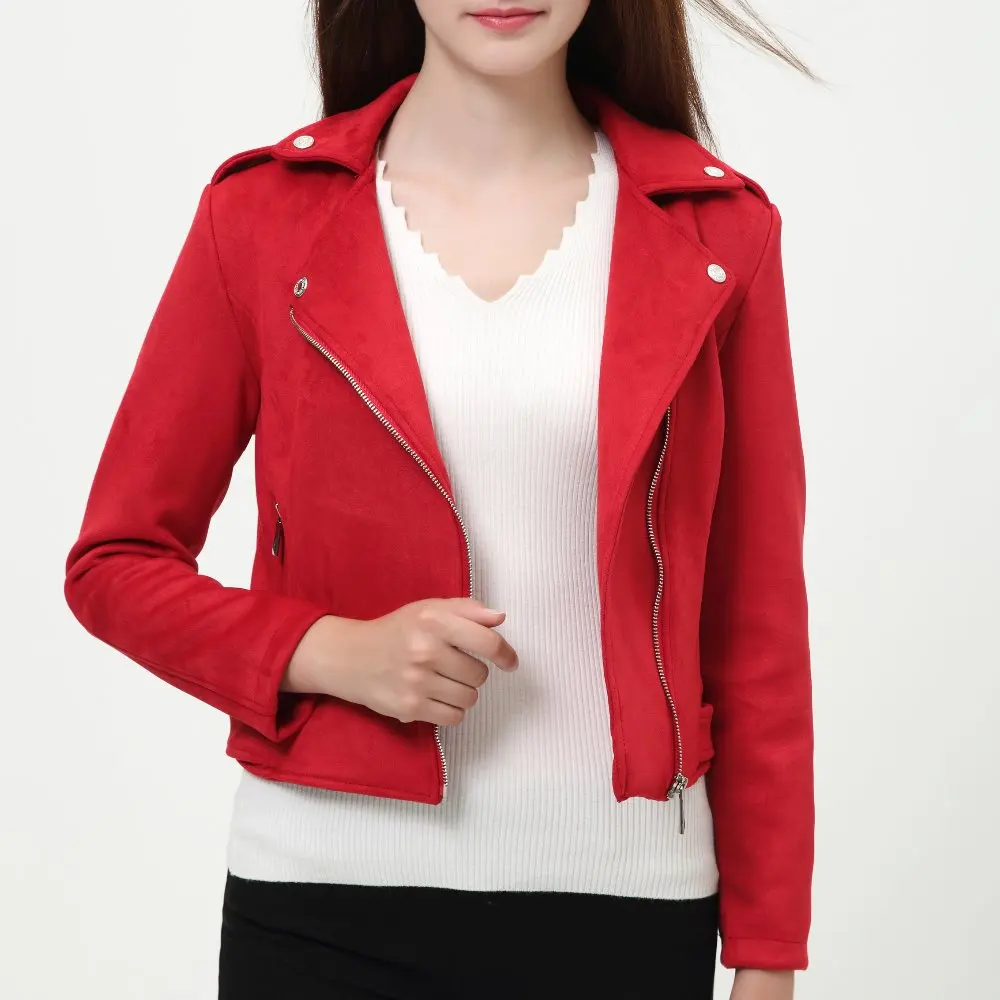 

Women suede motorcycle jacket Slim brown full lined soft faux Leather female coat New Fashion veste femme cuir epaulet zipper