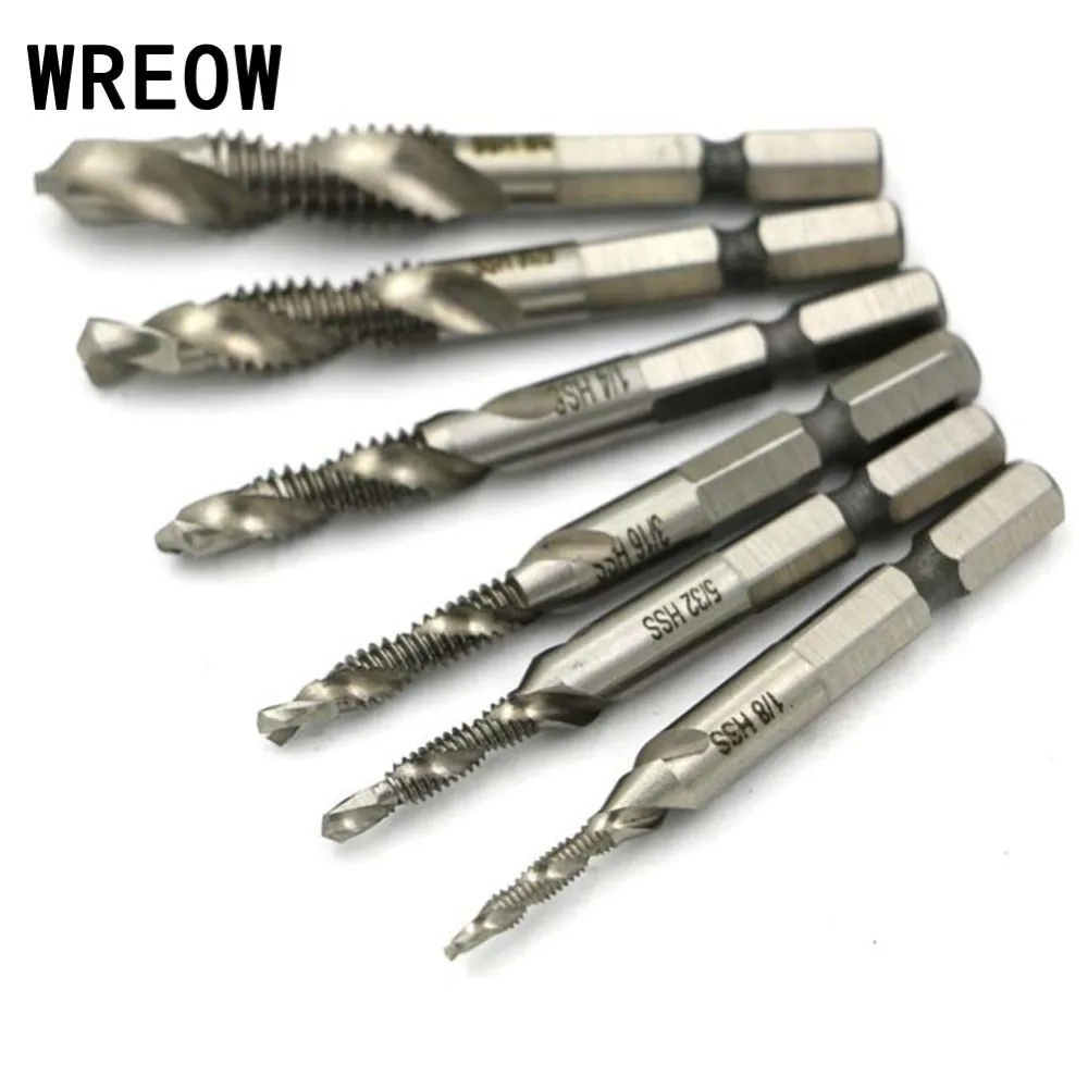 6PCS Hex Shank High Speed Steel Spiral Screw Thread Taps Drill Bits Set