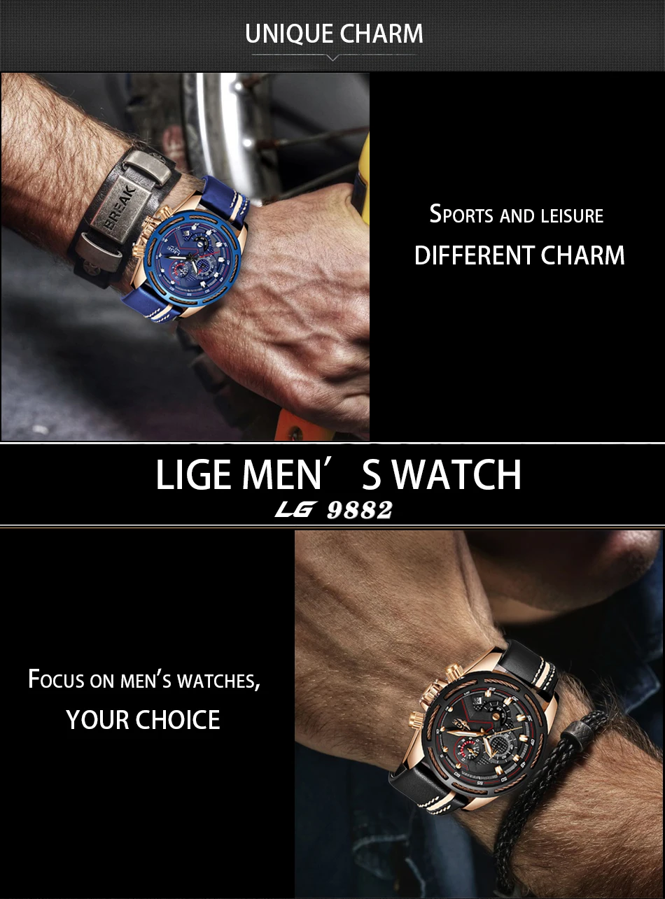 LIGE повседневные спортивные часы для мужчин синий топ бренд класса люкс Военная Кожа Мужские наручные часы модные хронограф наручные часы