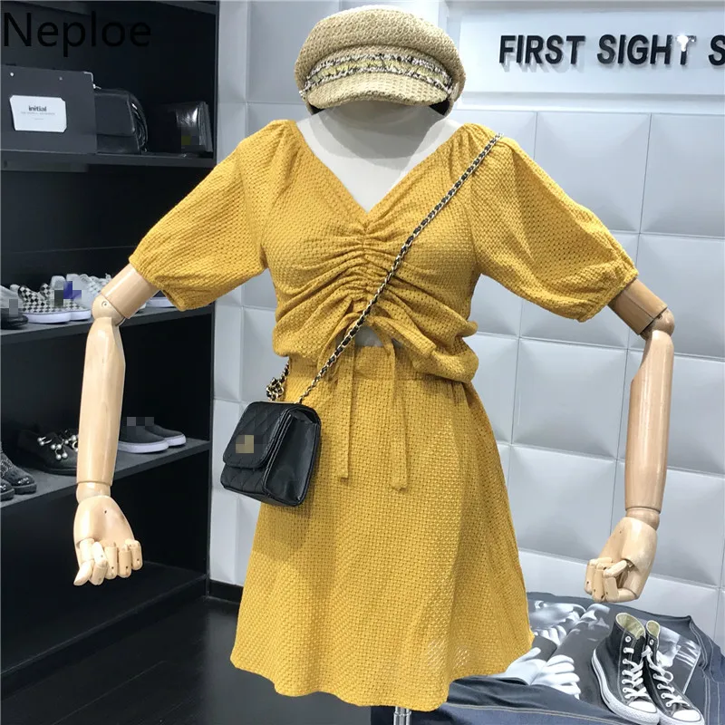 

Neploe Korean Ins Two Piece Set V Neck Solid Lace Up Tops High Waist A Line Holiday Dresses Elegant Sexy Sets 45336