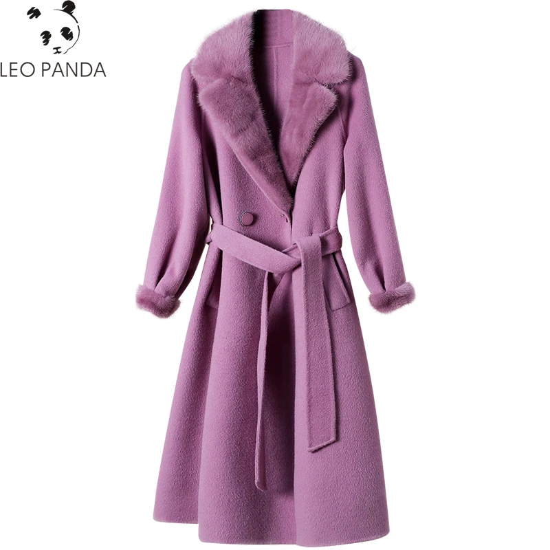 

2019 Winter Women Superior quality Real Wool Fur Coat Sheep Shearing Coats Fashion With Mink Fur Collar Adjustable Waist Jacket
