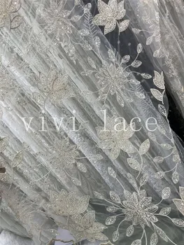 

hot sale sexy new 5yards A111# floral silver gold beads sequin tulle fabric for occasion /sawing bridal wedding dress